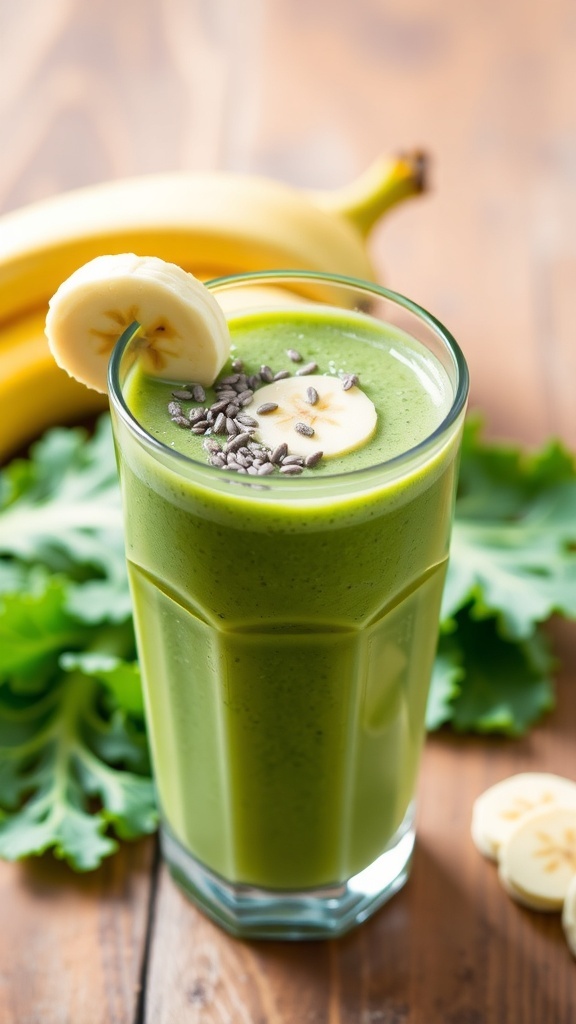 A green kale smoothie in a glass with banana slice and chia seeds, surrounded by kale leaves and a banana.